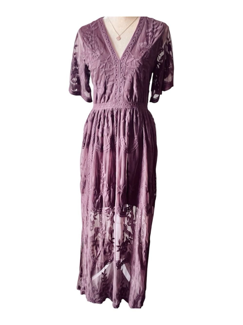 Altar’d State Mauve Maxi Dress Sz M Intricate Floral Lace Deep V-neck Lined Boho
